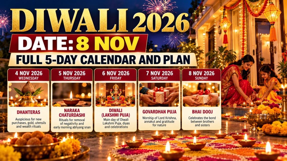 Illustration of a Diwali 2026 calendar showing the five-day festival from 4 to 8 November