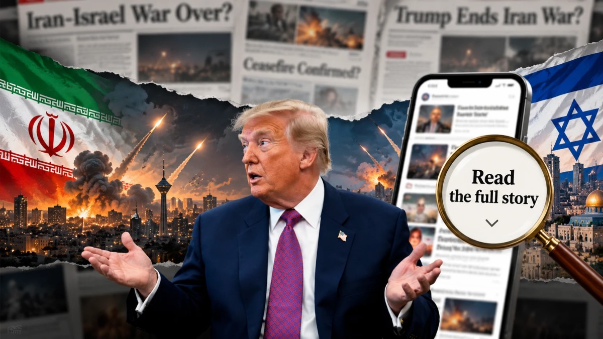 Illustration of Donald Trump in front of newspaper headlines asking whether the Iran war is over