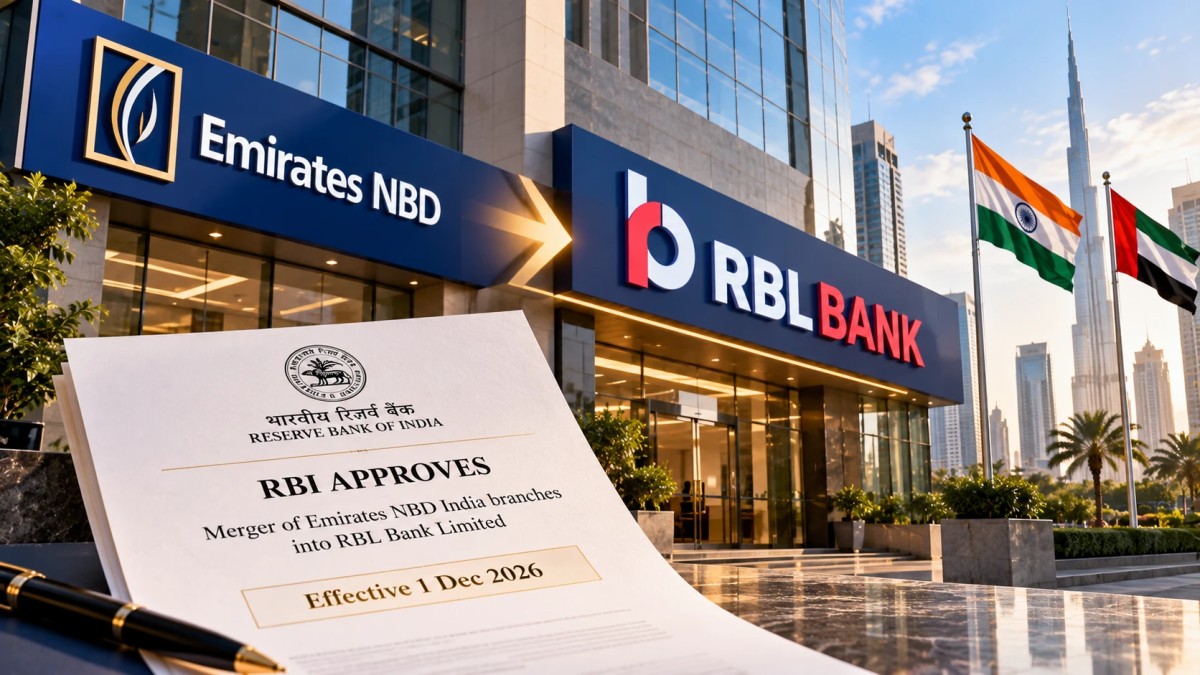 Illustration showing the Emirates NBD to RBL Bank merger with an RBI approval document
