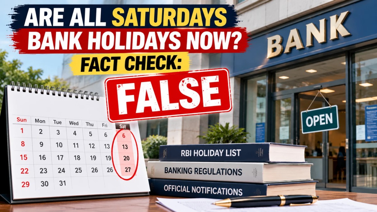 Illustration of a bank building with a calendar showing Saturdays highlighted and a Fact Check False stamp