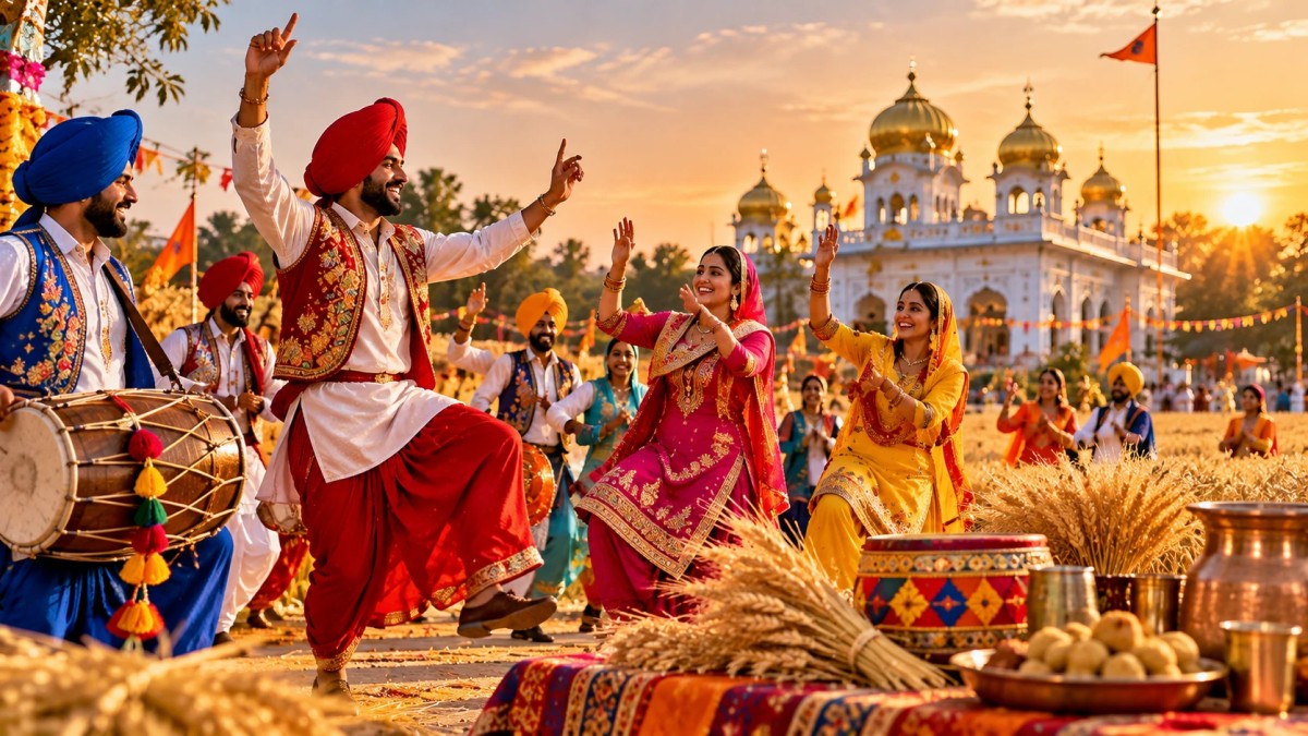 Illustration of bhangra and gidda dancers at a wheat harvest festival with a gurdwara behind