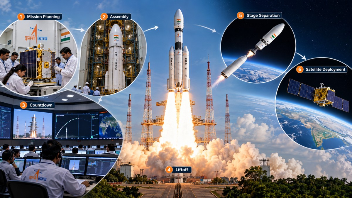 The stages of a rocket launch, from assembly and countdown to lift-off and satellite deployment.