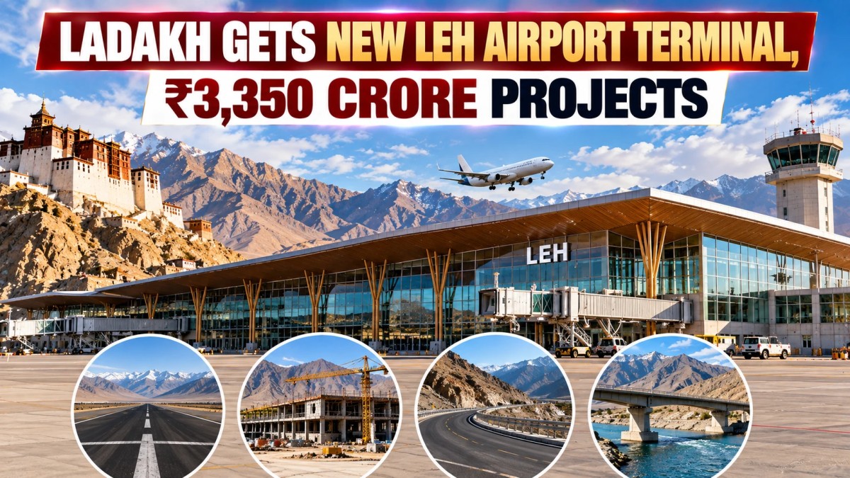 Illustration of a new Leh airport terminal with mountains, Leh Palace and four infrastructure project scenes