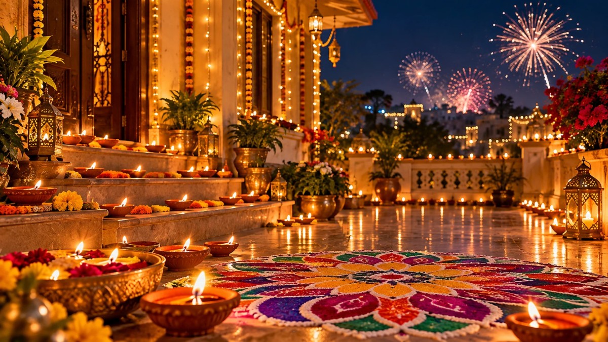 Illustration of lit diyas, a rangoli and fireworks outside a home at night