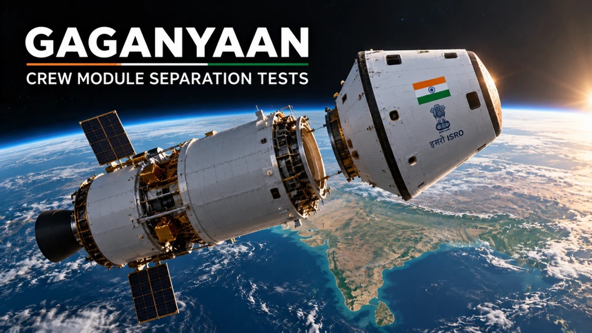 Illustration of the Gaganyaan crew module separating from the service module in orbit above Earth