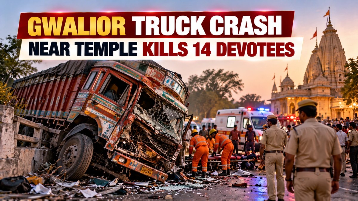 Illustration of a damaged truck near a temple with rescue workers, police and ambulances at the scene