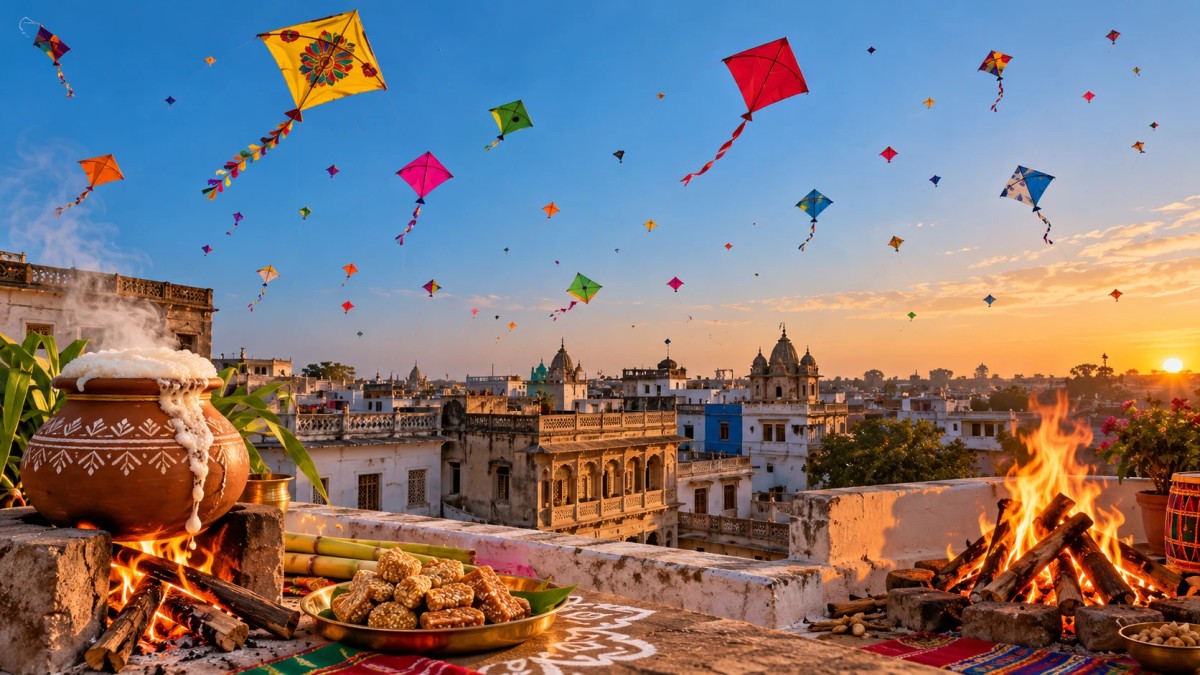 Illustration of kites over rooftops with a pongal pot and a Lohri bonfire