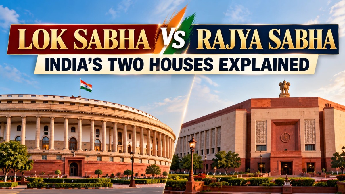 Illustration showing the old and new Parliament buildings representing Lok Sabha and Rajya Sabha