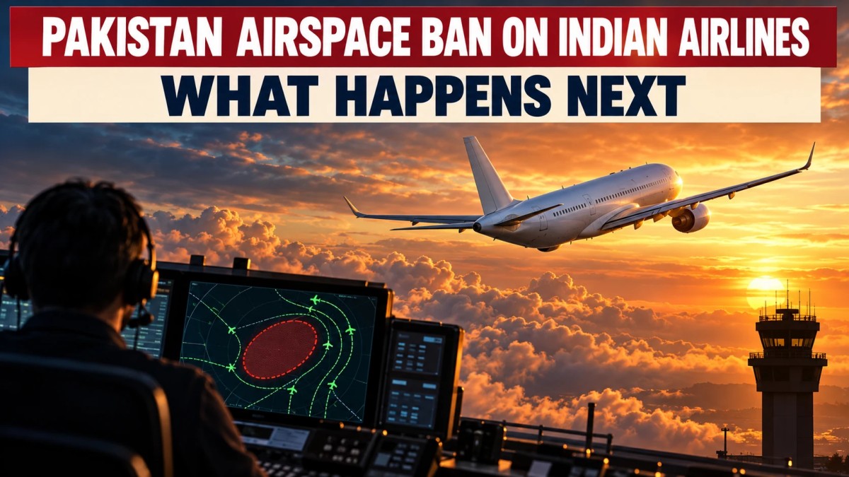 Illustration of a passenger jet above sunset clouds while an air traffic controller watches flight paths route around a closed zone on radar