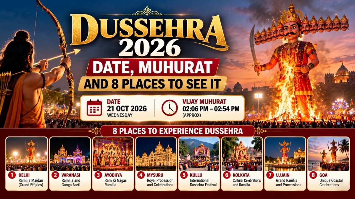 Illustration of Dussehra celebrations with Ravana effigy and eight places to experience the festival across India