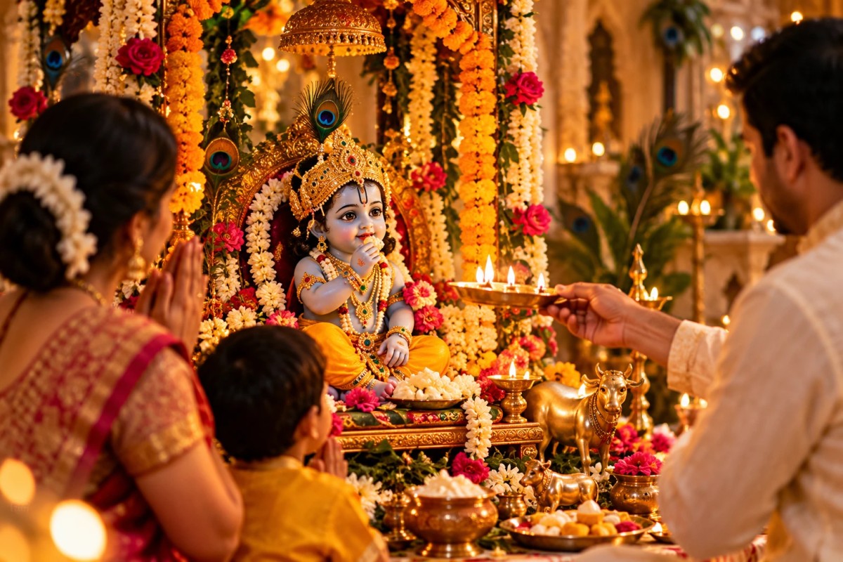 Illustration of a family performing aarti before a decorated idol of baby Krishna