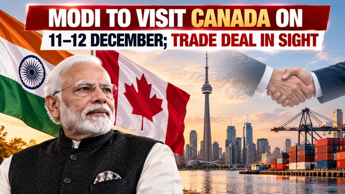 Illustration of the Indian Prime Minister with India and Canada flags, the Toronto skyline and a handshake