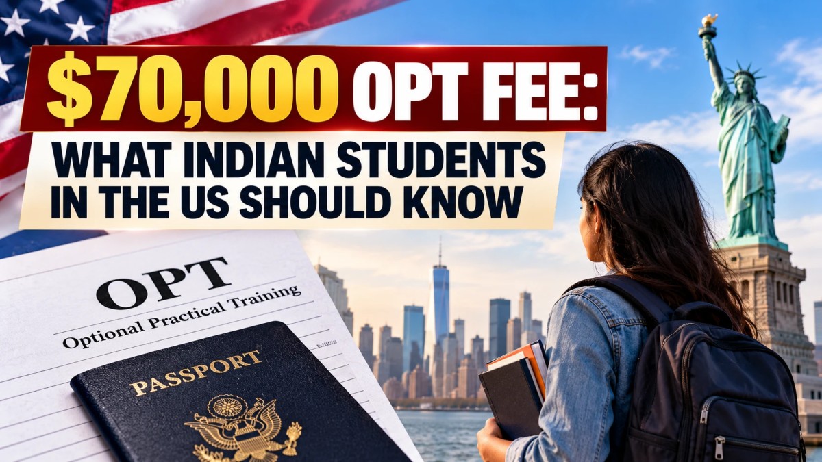 Illustration of an Indian student looking at the Statue of Liberty with OPT documents and passport