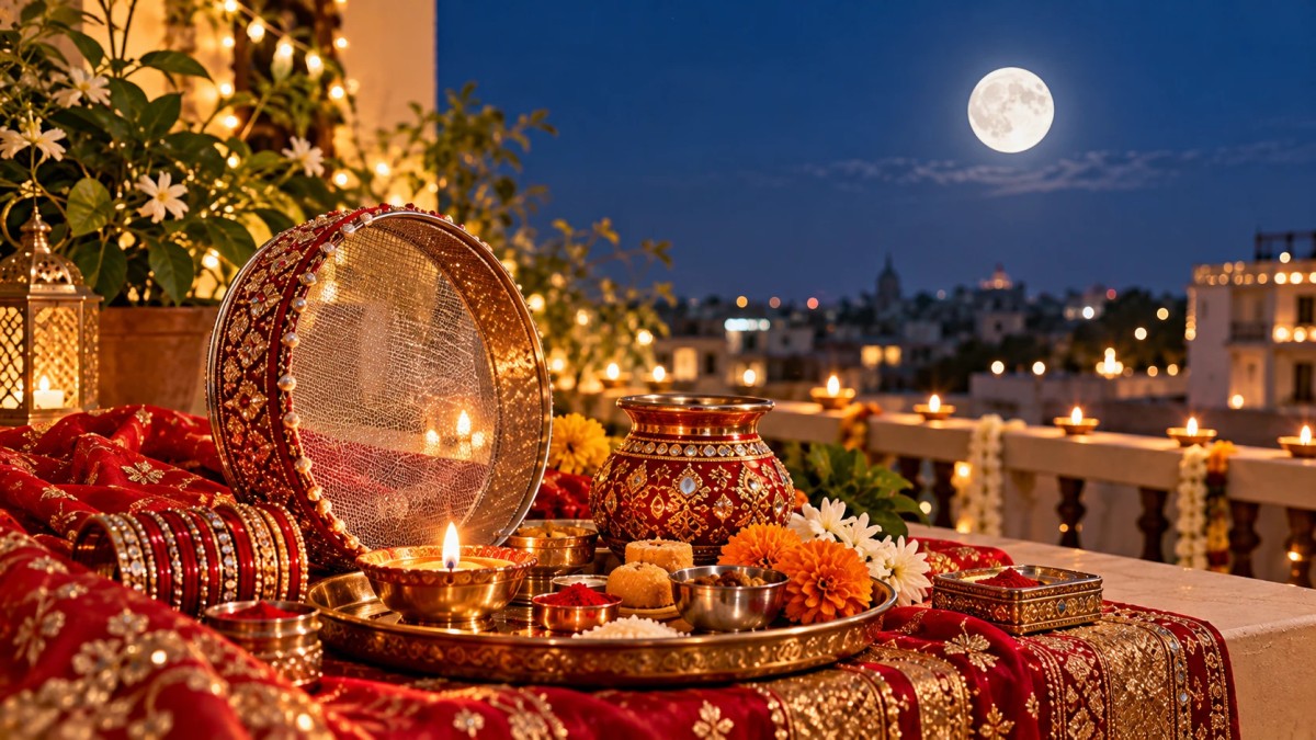 Illustration of a Karva Chauth thali and sieve on a rooftop under a full moon