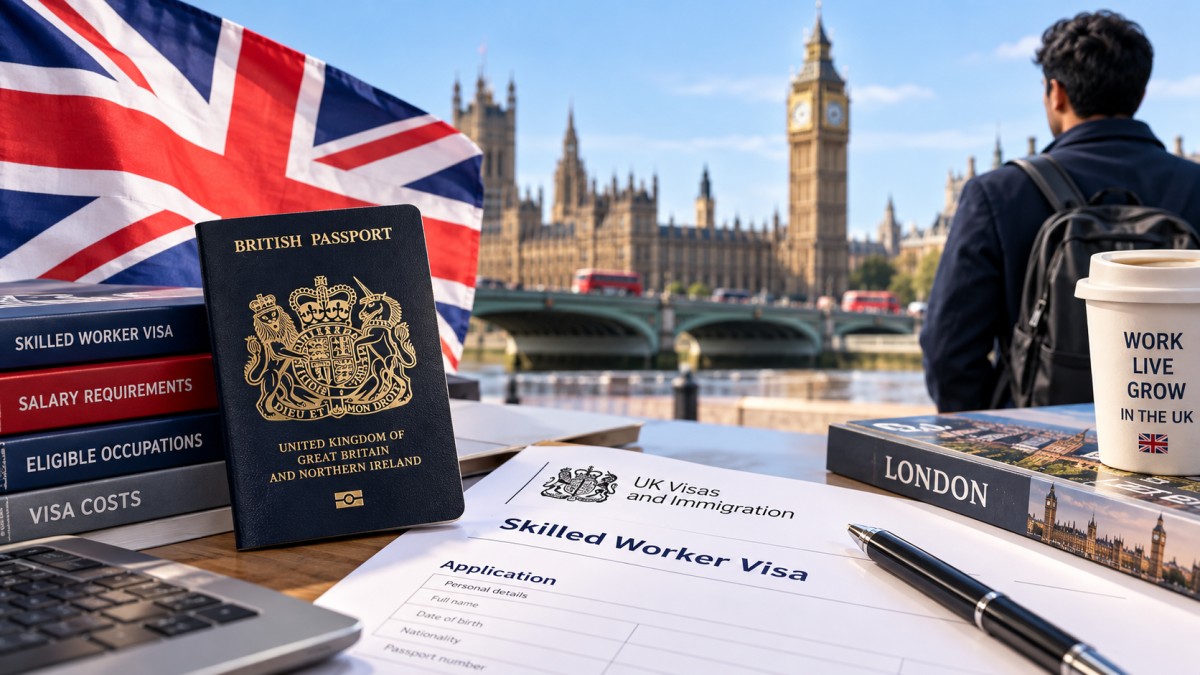 A UK passport and a Skilled Worker visa form on a desk with the Houses of Parliament behind.