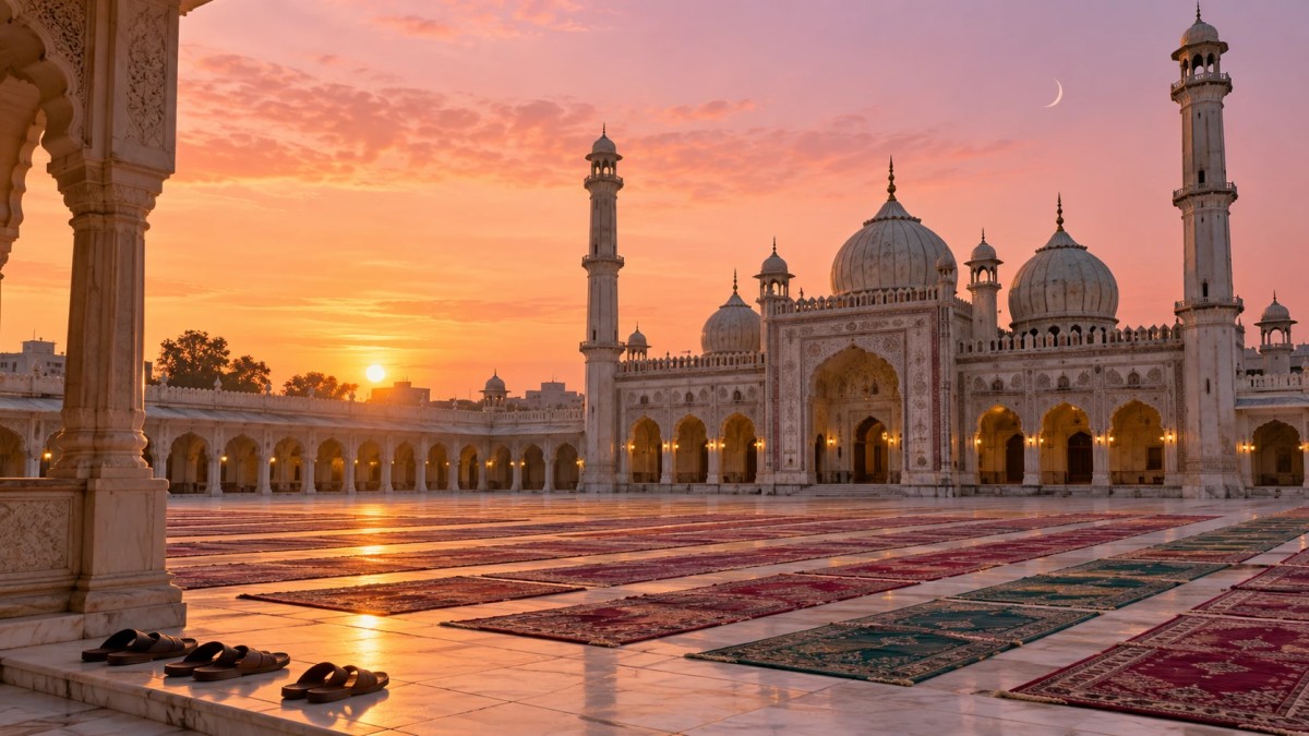 Illustration of prayer mats laid out in a mosque courtyard at sunrise