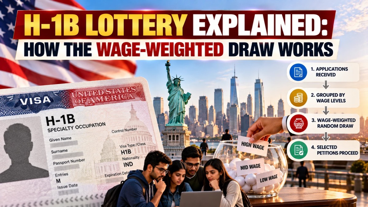 Illustration of the H-1B wage-weighted lottery steps with a sample visa and students at a laptop