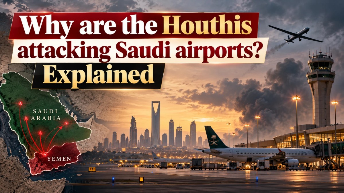 Illustration of a map of Yemen and Saudi Arabia beside a Riyadh airport under a smoky sky