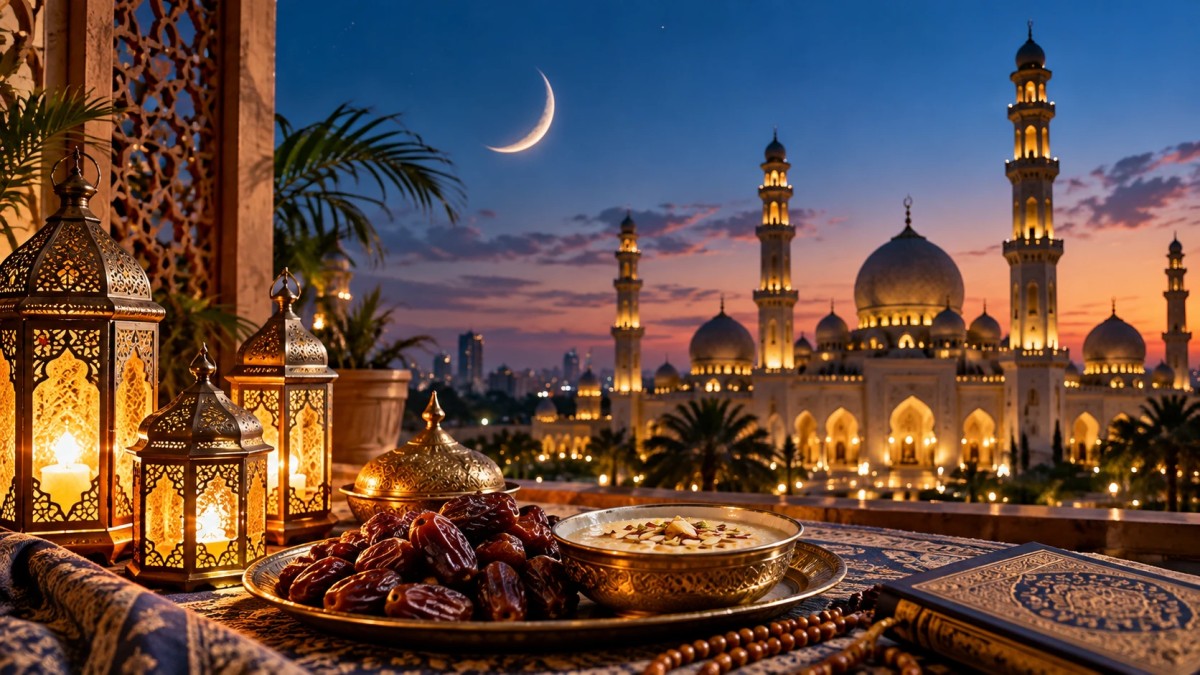 Illustration of a crescent moon over a mosque with lanterns and a plate of dates