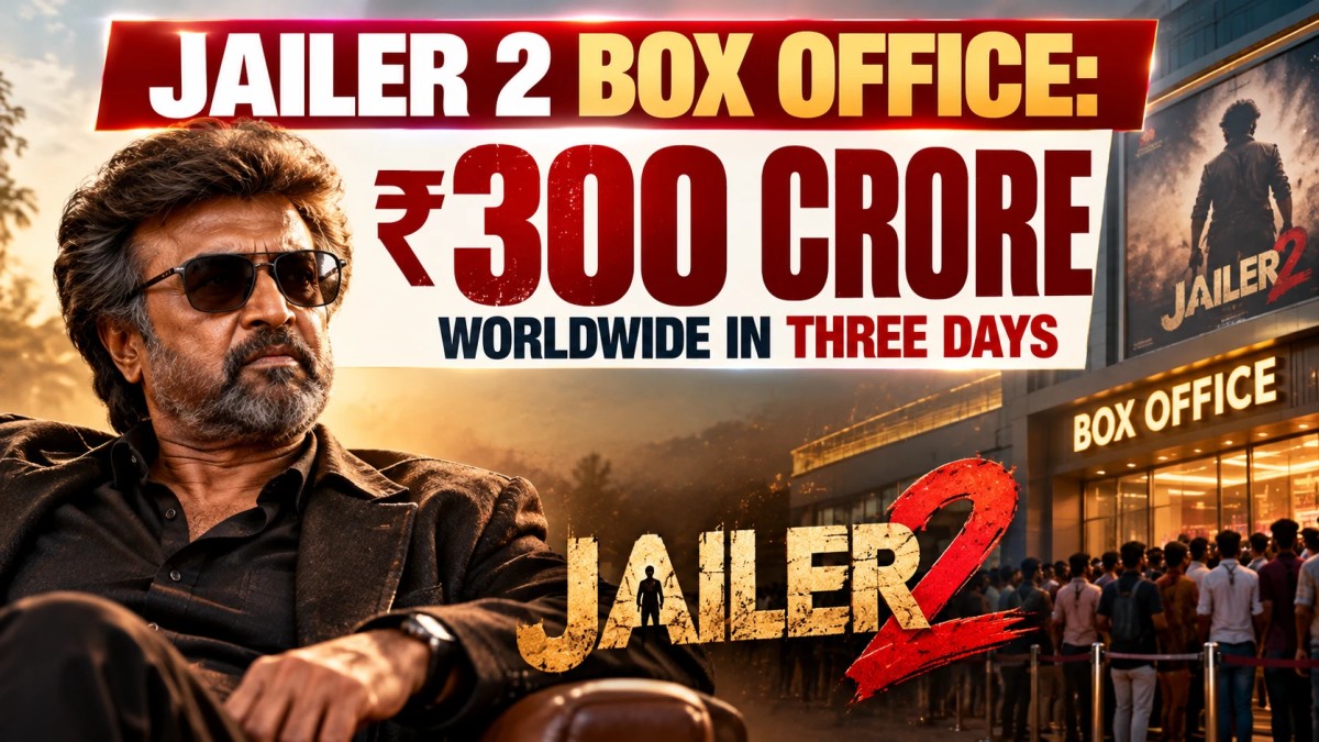 Illustration of a film star beside a Jailer 2 title and a crowd queuing at a cinema box office