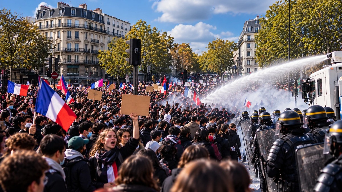 Illustration of young protesters with French flags facing riot police and a water cannon on a Paris street