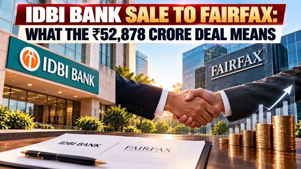 Illustration of a handshake between IDBI Bank and Fairfax buildings, with a signed agreement and stacks of coins