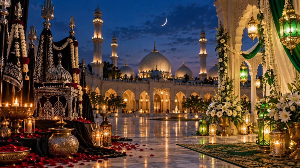 Illustration of a mosque courtyard at night with alams, lanterns and white flowers