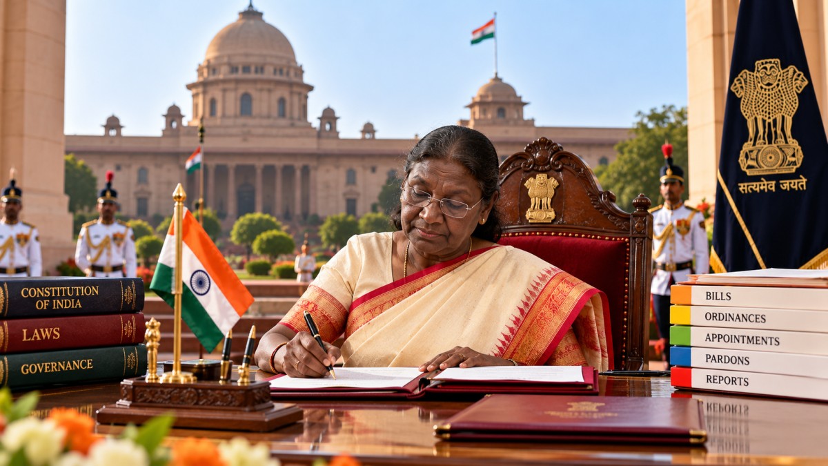 A President signing papers at a desk, with Rashtrapati Bhavan and ceremonial guards behind.