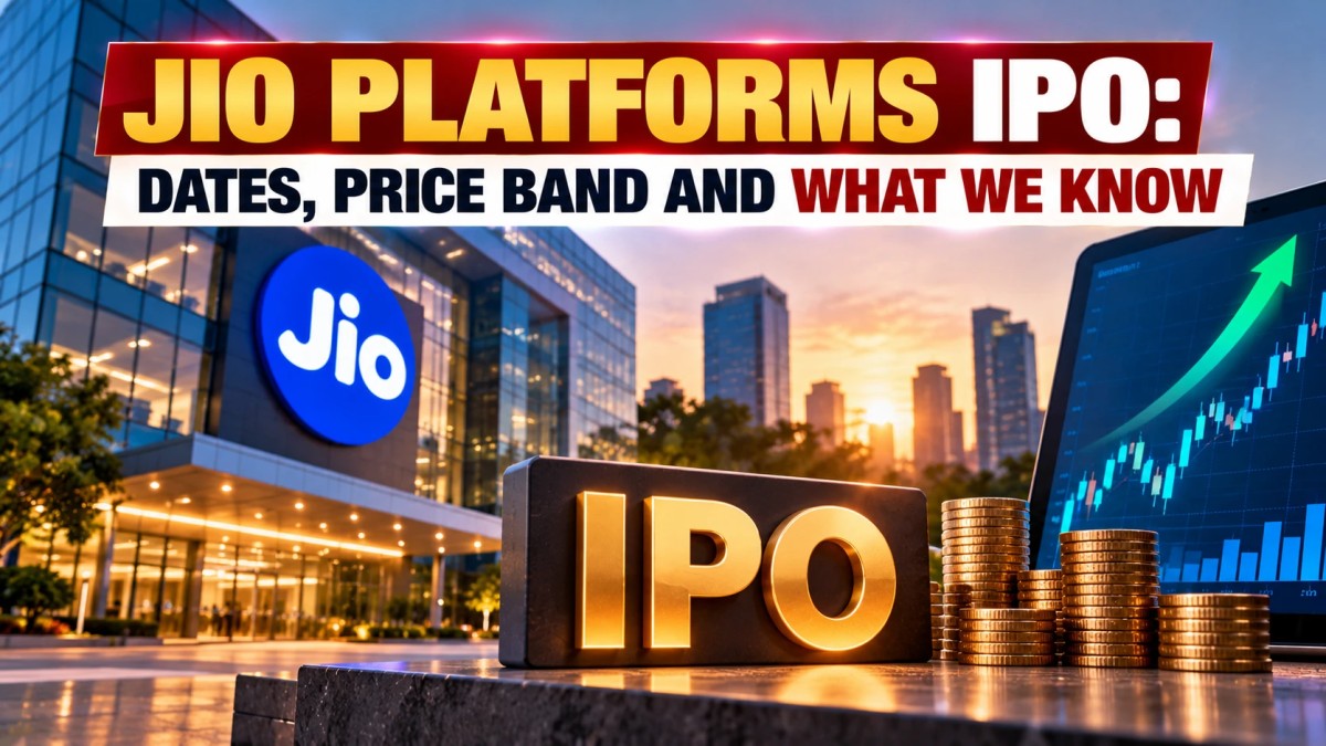 Illustration of an office building with the Jio sign, a gold IPO block, coins and a rising market chart