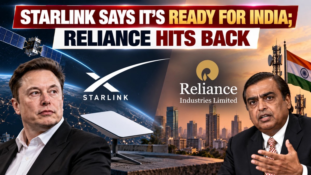 Illustration of Starlink and Reliance leaders with a satellite dish, satellites and mobile towers