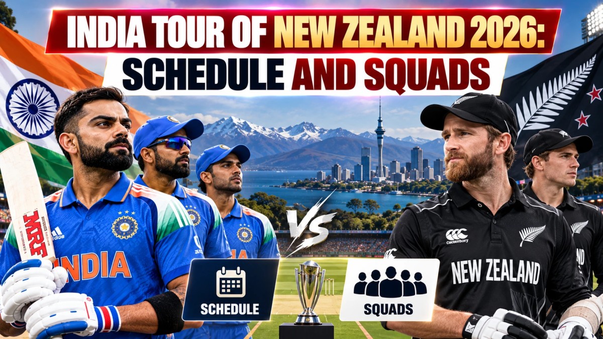 Illustration of India and New Zealand cricketers facing each other with the Auckland skyline behind