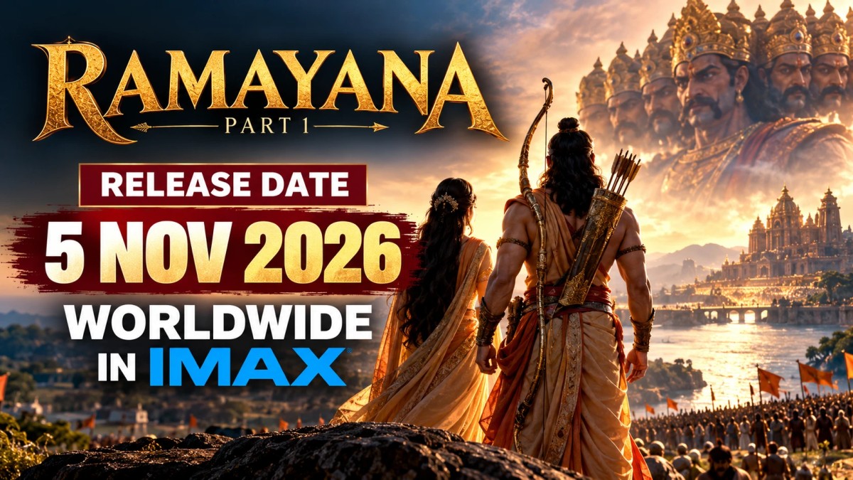 Illustration of the Ramayana movie poster showing Ram and Sita with the 5 November 2026 release date