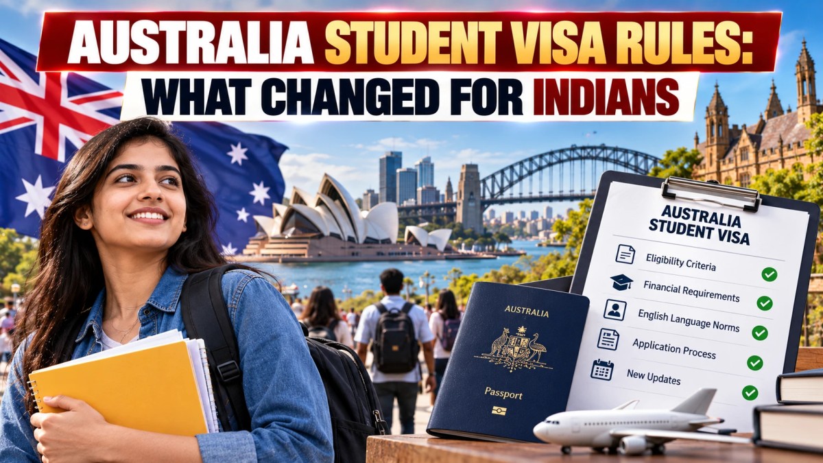 Illustration of an Indian student near Sydney Harbour with a passport and a student visa checklist
