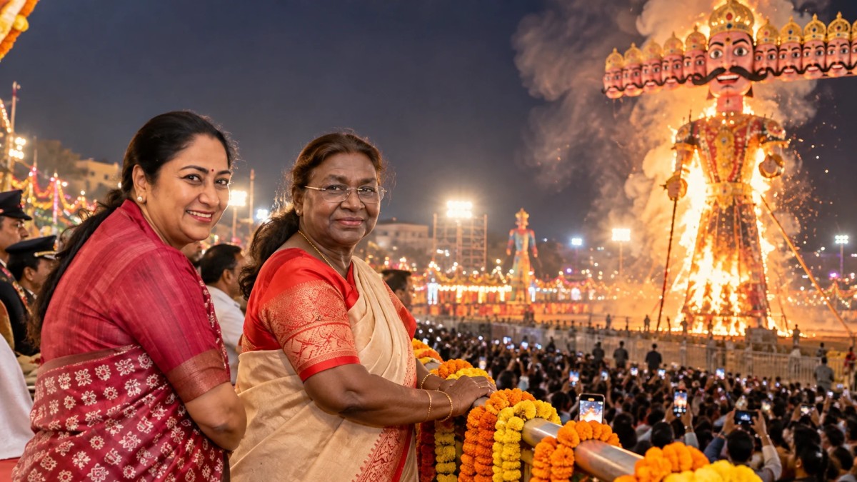 Illustration of two women watching a giant Ravana effigy burn at a Dussehra ground at night