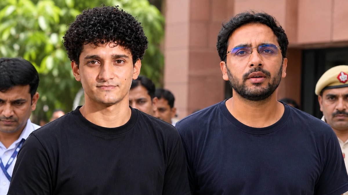 Illustration of two men in dark T-shirts walking outside a court building with police behind them