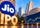Illustration of a Jio sign and large golden IPO letters outside a stock exchange building with a rising market chart