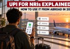 Illustration of a traveller at an airport window checking a successful payment on a phone, with payment options beside it