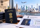 An Indian passport and a renewal form on a desk, with world landmarks seen through the window.