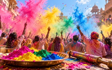 Illustration of coloured powder thrown into the air during Holi