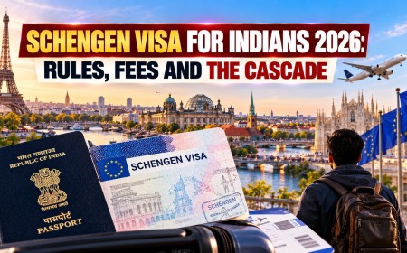 Illustration of an Indian passport and Schengen visa with European landmarks and EU flags