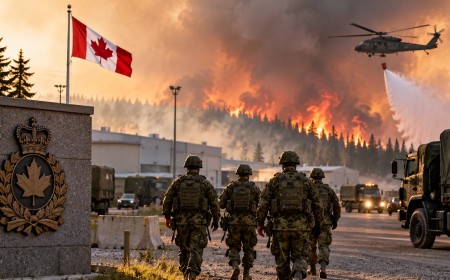 Illustration of soldiers seen from behind walking past a base sign as smoke and flames rise beyond the buildings