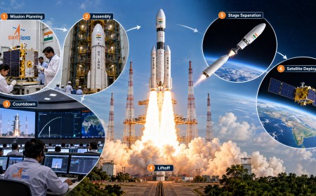 The stages of a rocket launch, from assembly and countdown to lift-off and satellite deployment.