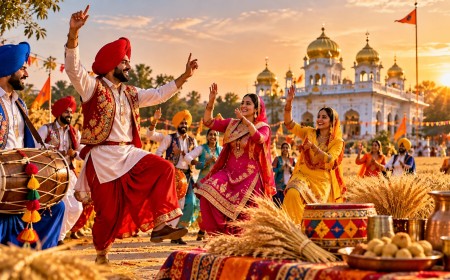 Illustration of bhangra and gidda dancers at a wheat harvest festival with a gurdwara behind