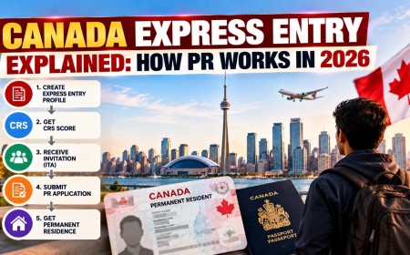 Illustration of the five Express Entry steps with a Canada PR card, passport and the Toronto skyline