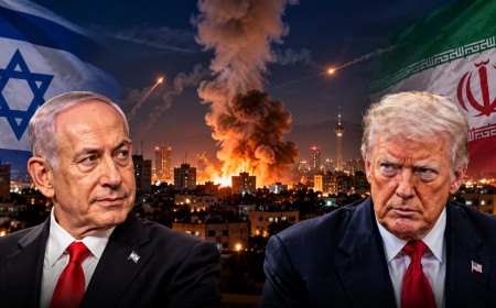 Illustration of Benjamin Netanyahu and Donald Trump with Israeli and Iranian flags and a city skyline at night