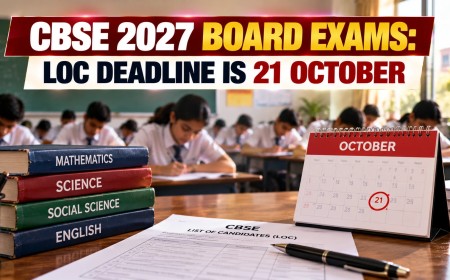 Illustration of students in an exam hall with textbooks, a CBSE list of candidates form and a calendar marking 21 October