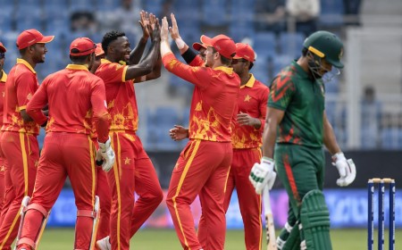 Illustration of cricketers in red and yellow celebrating a wicket as a batter in green walks off
