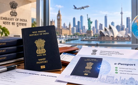 An Indian passport and a renewal form on a desk, with world landmarks seen through the window.