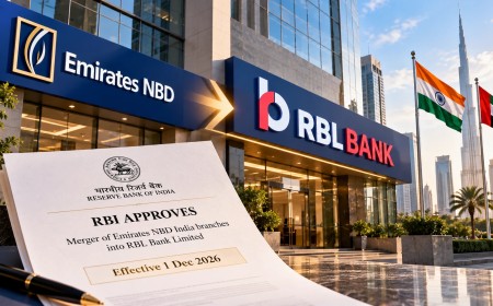 Illustration showing the Emirates NBD to RBL Bank merger with an RBI approval document
