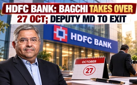 Illustration of a bank executive outside an HDFC Bank building with a calendar marking 27 October